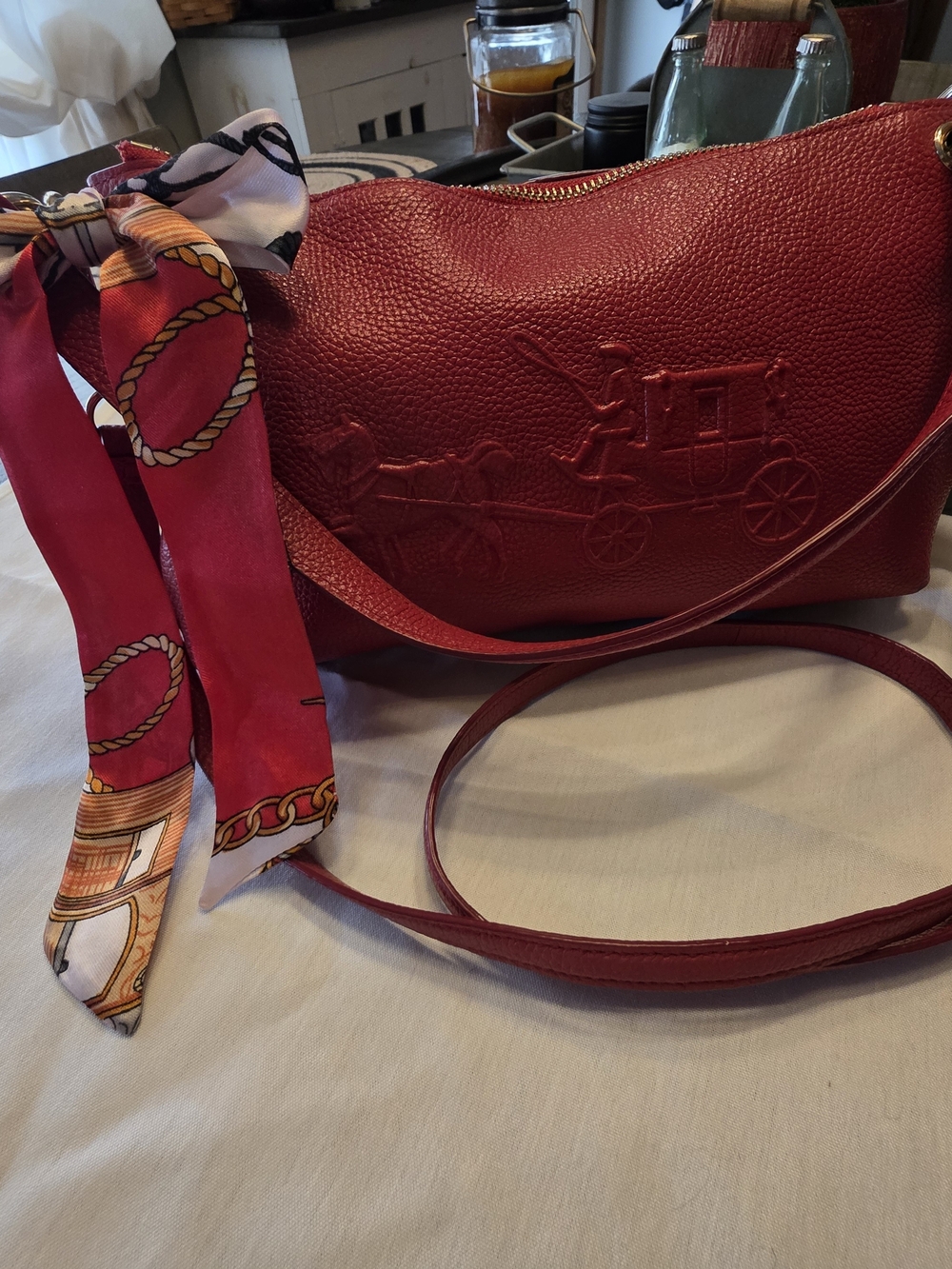 COACH Red Embossed Leather Shoulder Bag with Scarf